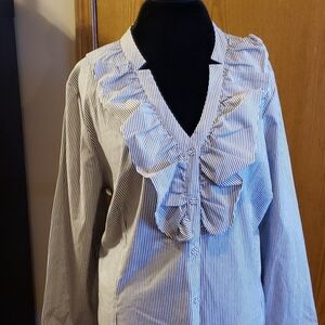 Avenue pinstriped ruffled nwt long sleeve blouse